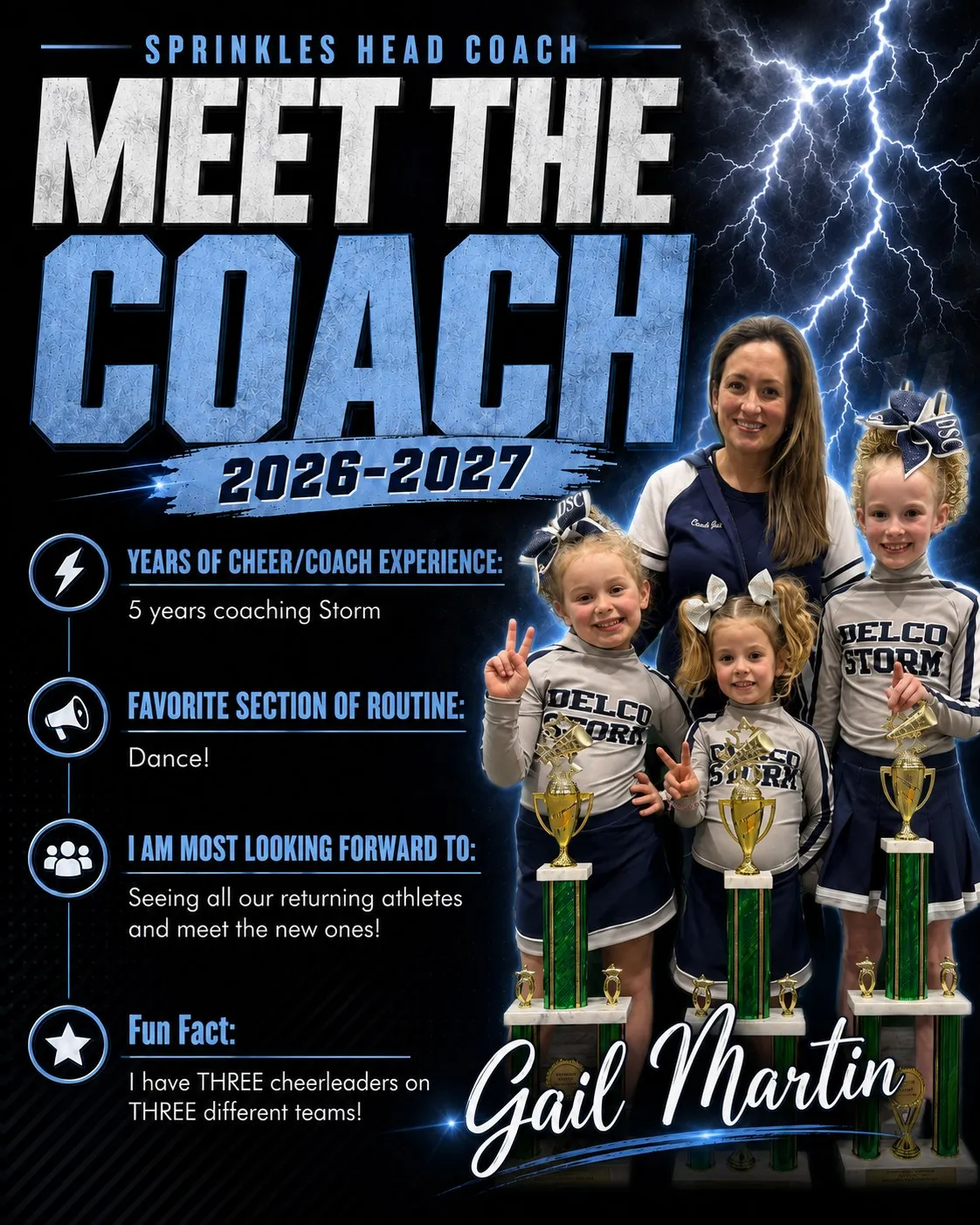 Meet the Coach 2026-2027 poster for Gail Martin, Sprinkles Head Coach