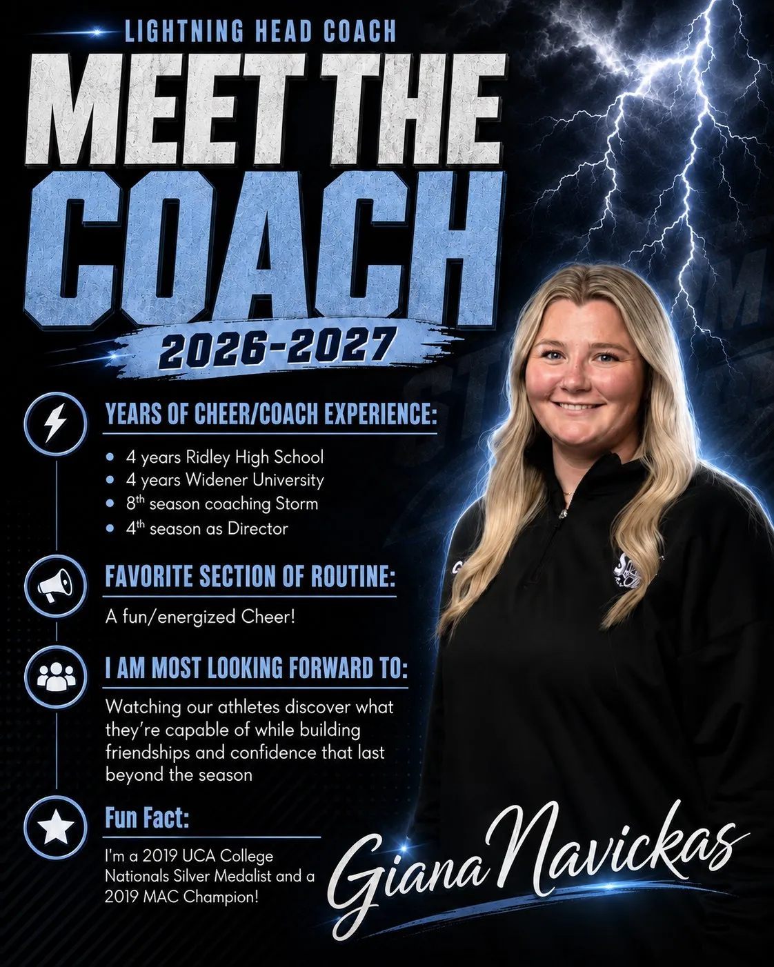 Meet the Coach 2026-2027 poster for Giana Navickas, Storm Director & Lightning Head Coach