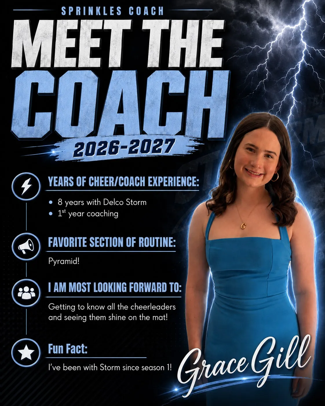 Meet the Coach 2026-2027 poster for Grace Gill, Sprinkles Coach