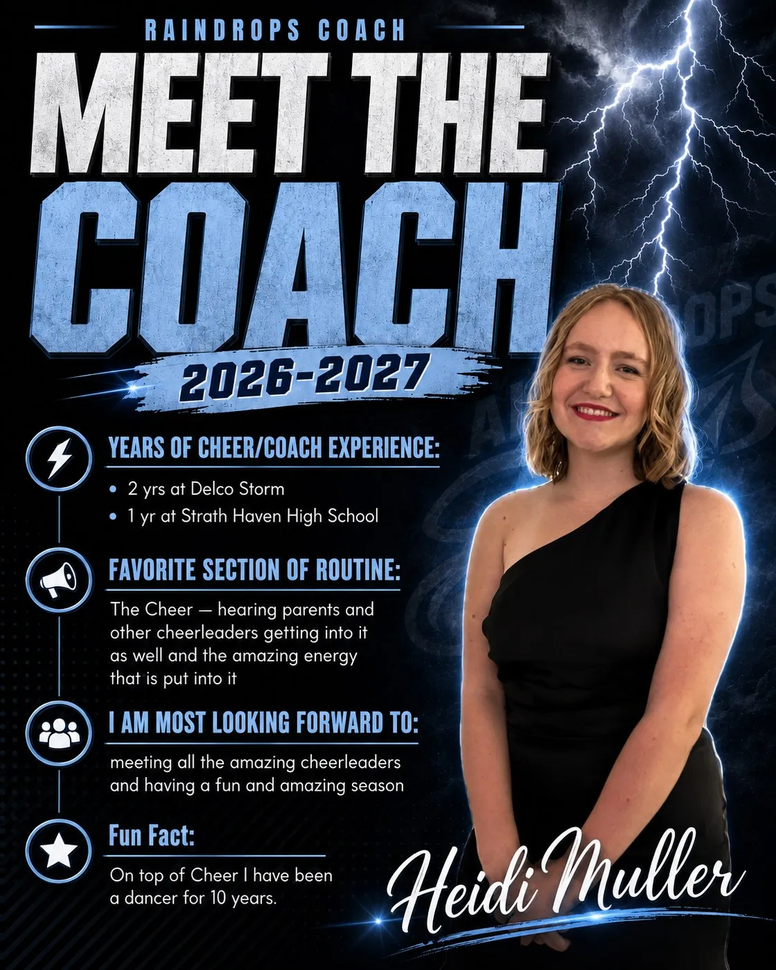 Meet the Coach 2026-2027 poster for Heidi Muller, Raindrops Coach