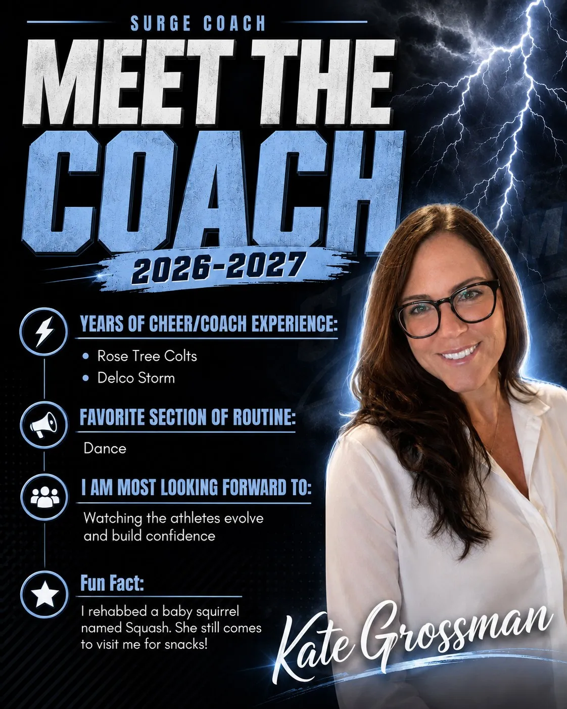 Meet the Coach 2026-2027 poster for Kate Grossman, Surge Coach