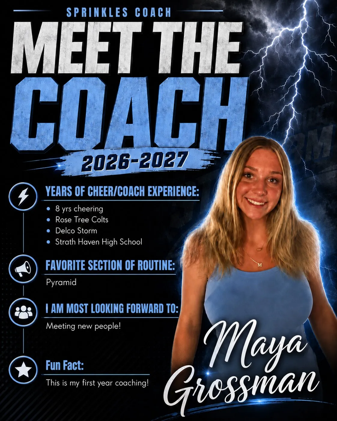 Meet the Coach 2026-2027 poster for Maya Grossman, Sprinkles Coach