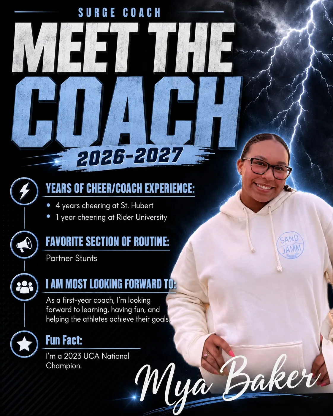 Meet the Coach 2026-2027 poster for Mya Baker, Surge Coach