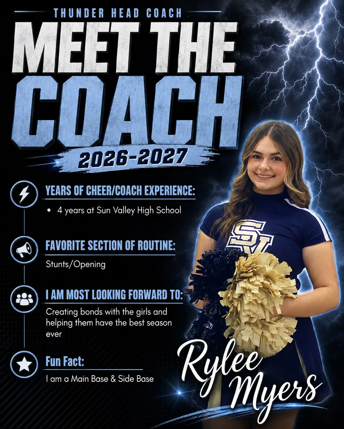 Meet the Coach 2026-2027 poster for Rylee Myers, Thunder Head Coach