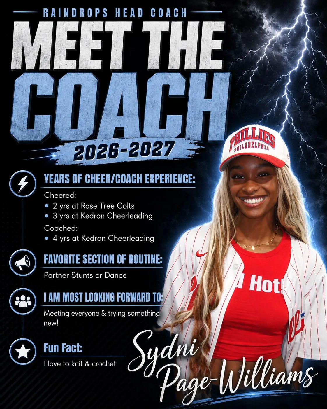 Meet the Coach 2026-2027 poster for Sydni Page-Williams, Raindrops Head Coach